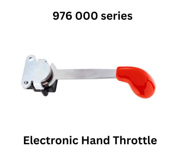 Red hand throttle labeled 'Electronic Hand Throttle' from the 976000 Series by Mobile Control Systems (MCS)